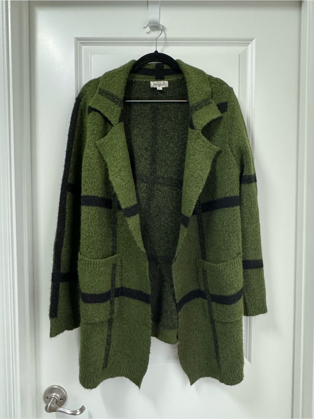 Women’s Olive Green Open-Front Plaid Knit Cardigan Sweater - Size Medium
